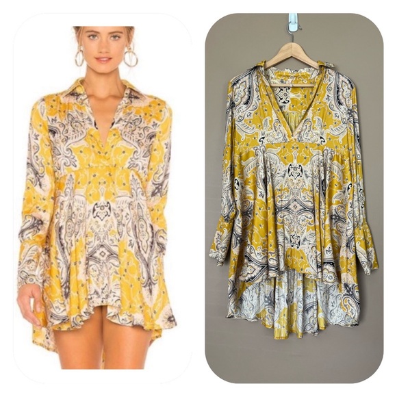 {Free People} Field of Butterflies Swing Tunic Top with Long Sleeves in Gold - Picture 1 of 11